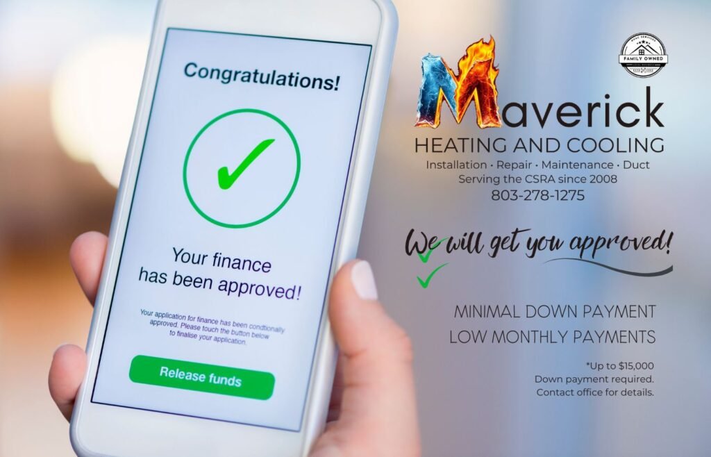 Smartphone showing financing approval. Maverick Heating and Cooling offers low monthly payments and up to $15,000 financing. Call 803-278-1275.