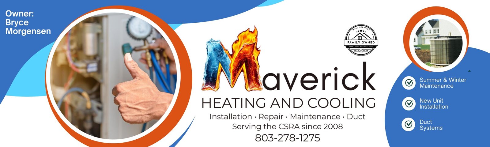Maverick Heating and Cooling company banner featuring owner Bryce Morgensen, HVAC service icons, and contact information. Family-owned HVAC business offering installation, repair, maintenance, and duct systems in the CSRA since 2008.